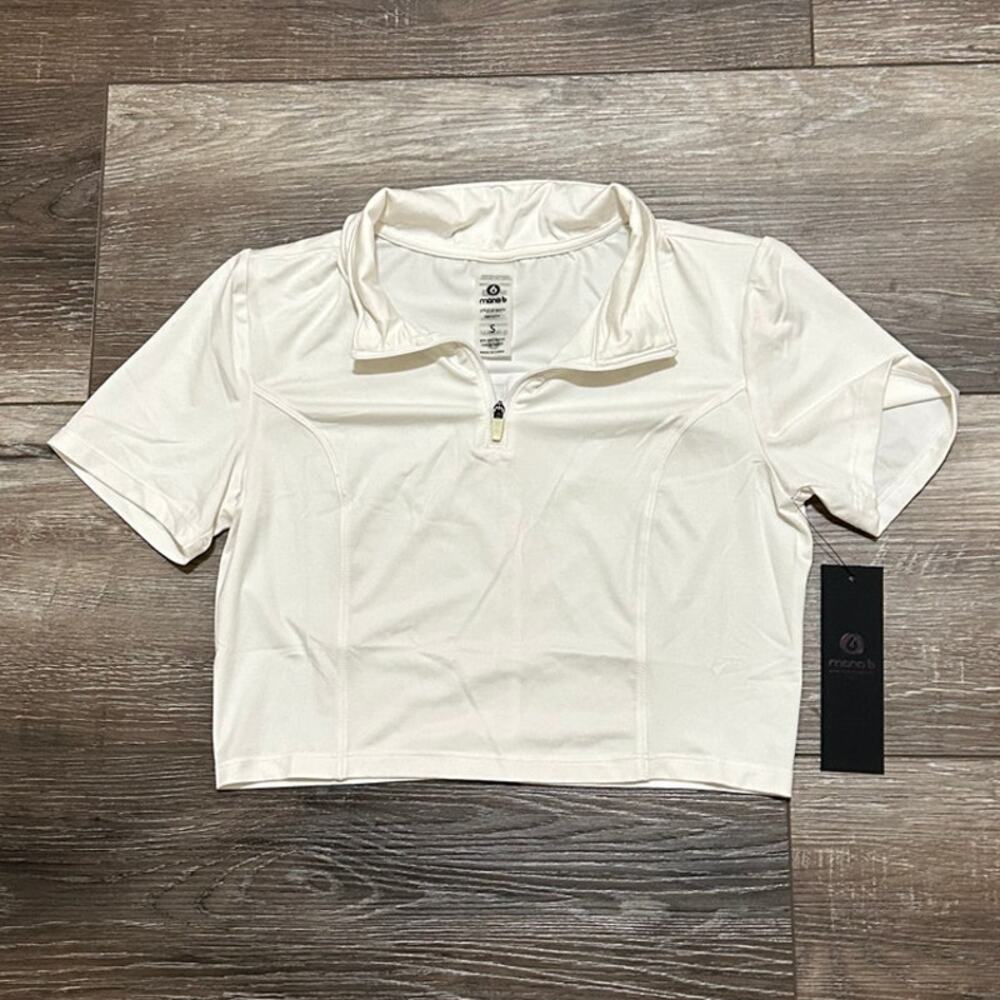 Mono B Women's Small White Quarter Zip Cropped Active Top Stretch NWT